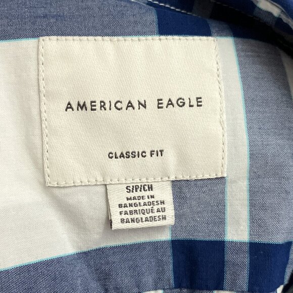 American Eagle Men's S White Blue Plaid Classic Fit Cotton Long Sleeve Shirt - Picture 3 of 4